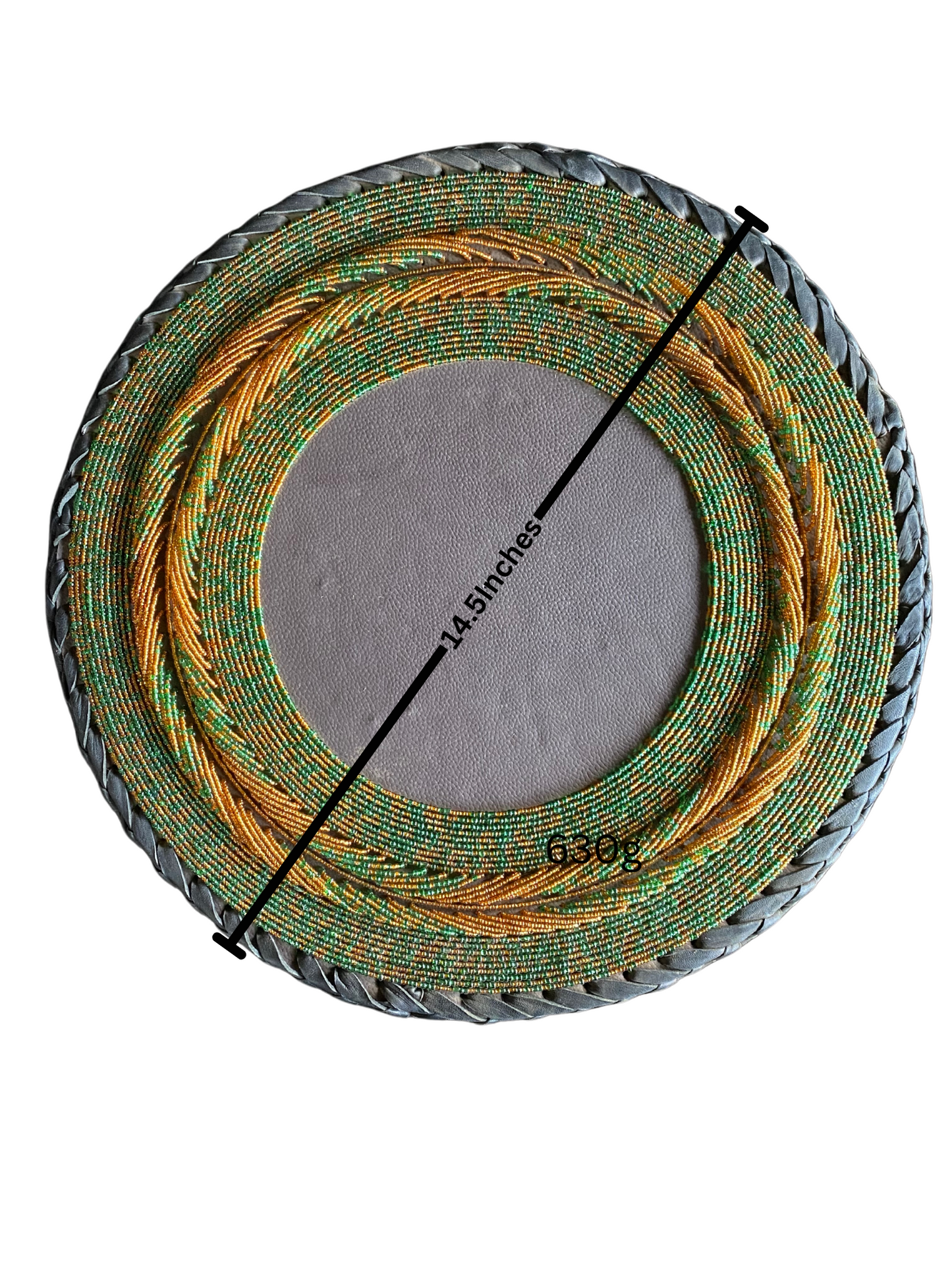 14 Inches African Leaf Beaded-Leather Table Mat(Green/Gold)