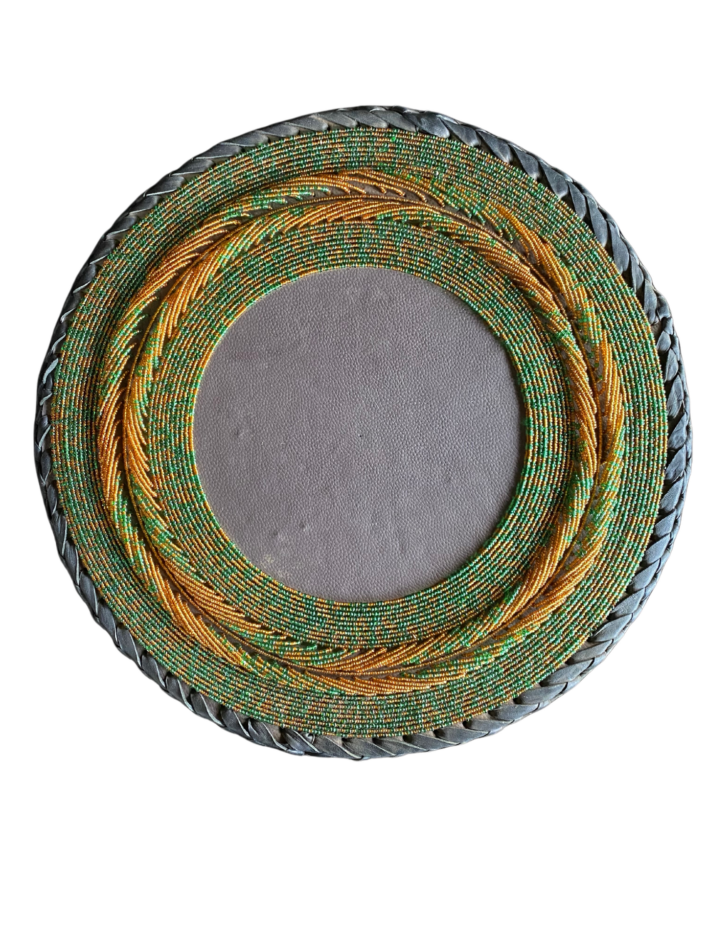 14 Inches African Leaf Beaded-Leather Table Mat(Green/Gold)