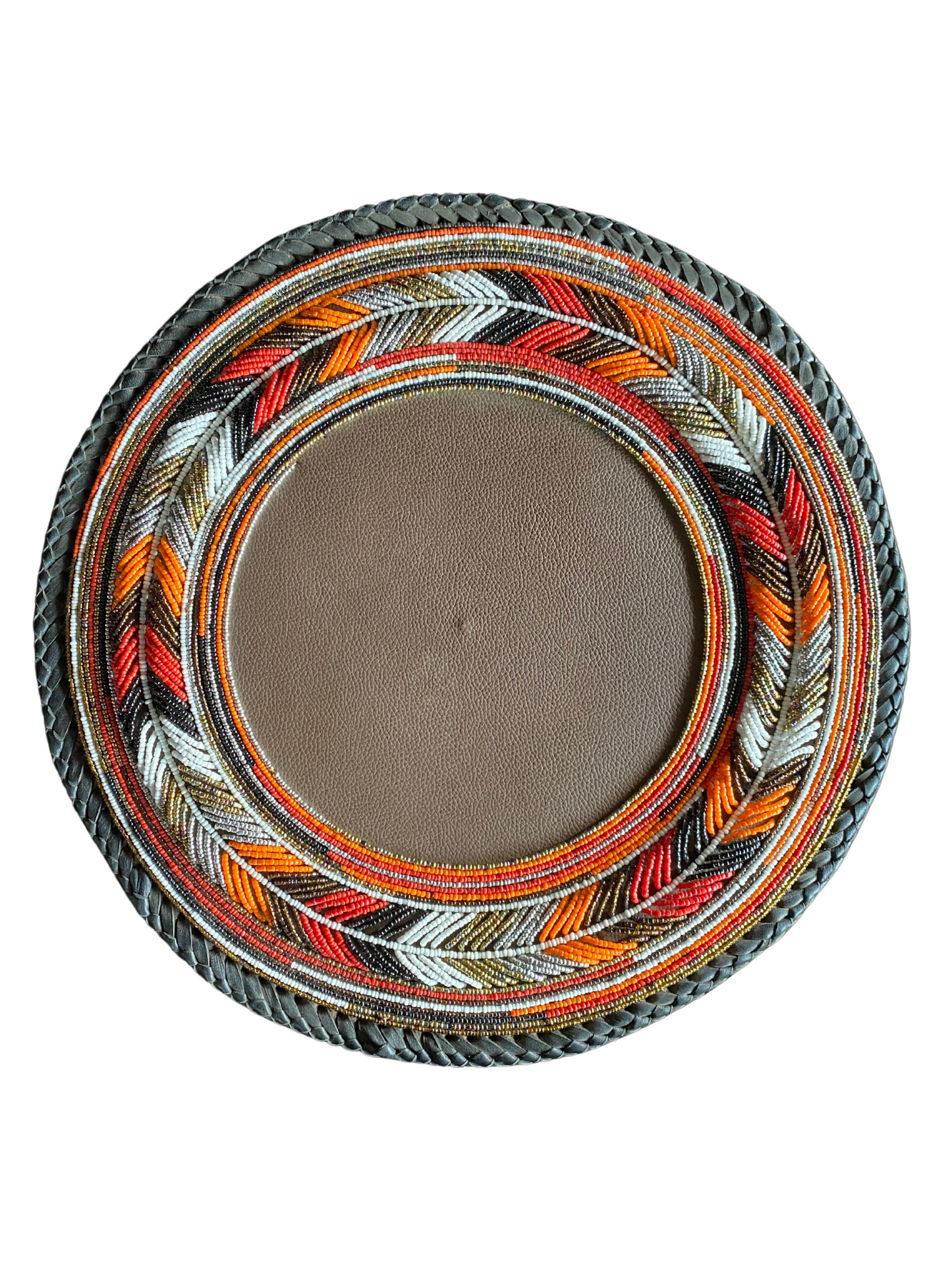 14 Inches African Leaf Beaded-Leather Table Mat(Orange/Black)