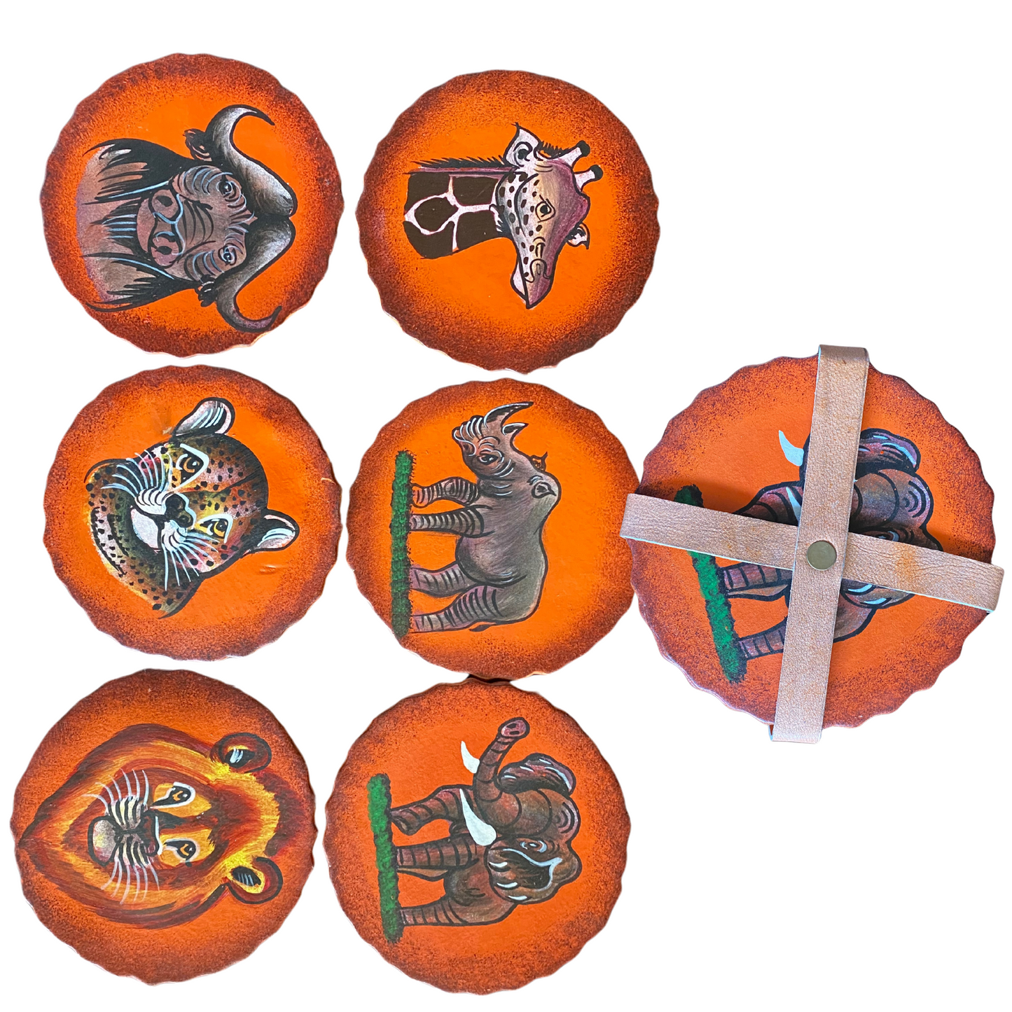 African Six Painted Leather Table Set Saucer