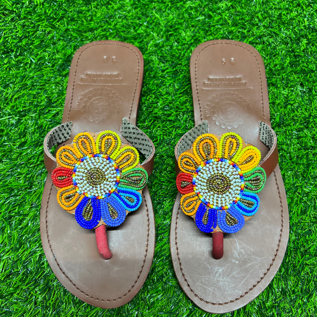 African Summer Pure Leather Beaded Brown Sandals