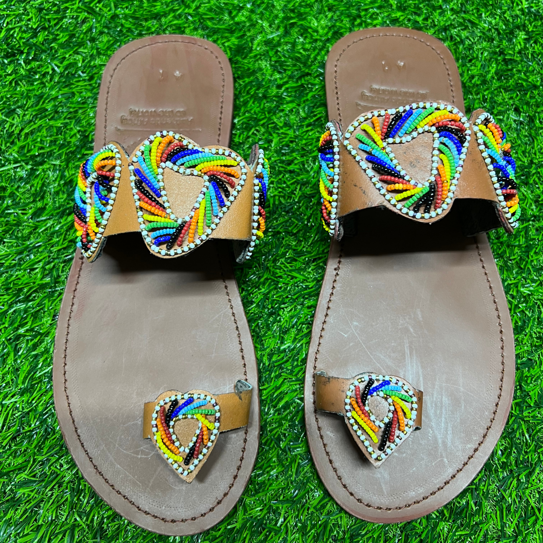 African Summer Pure Leather Beaded Brown Sandals