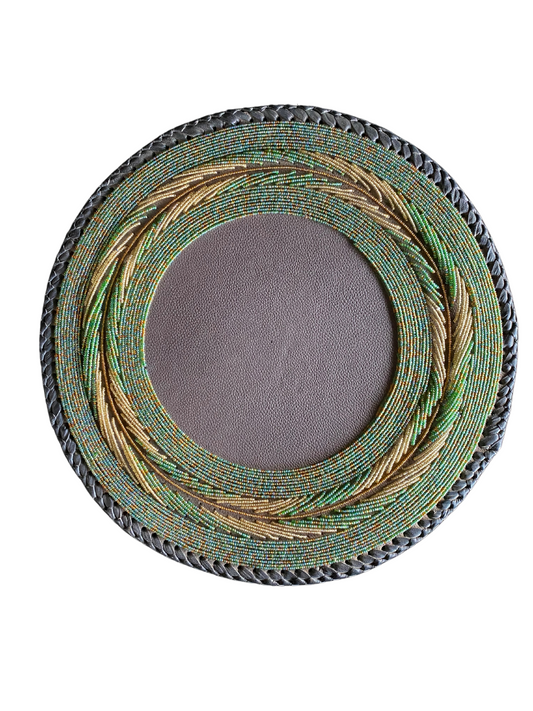 14 Inches African Leather Beaded Leaf- design Table Mat(Green/ Cool Gold)