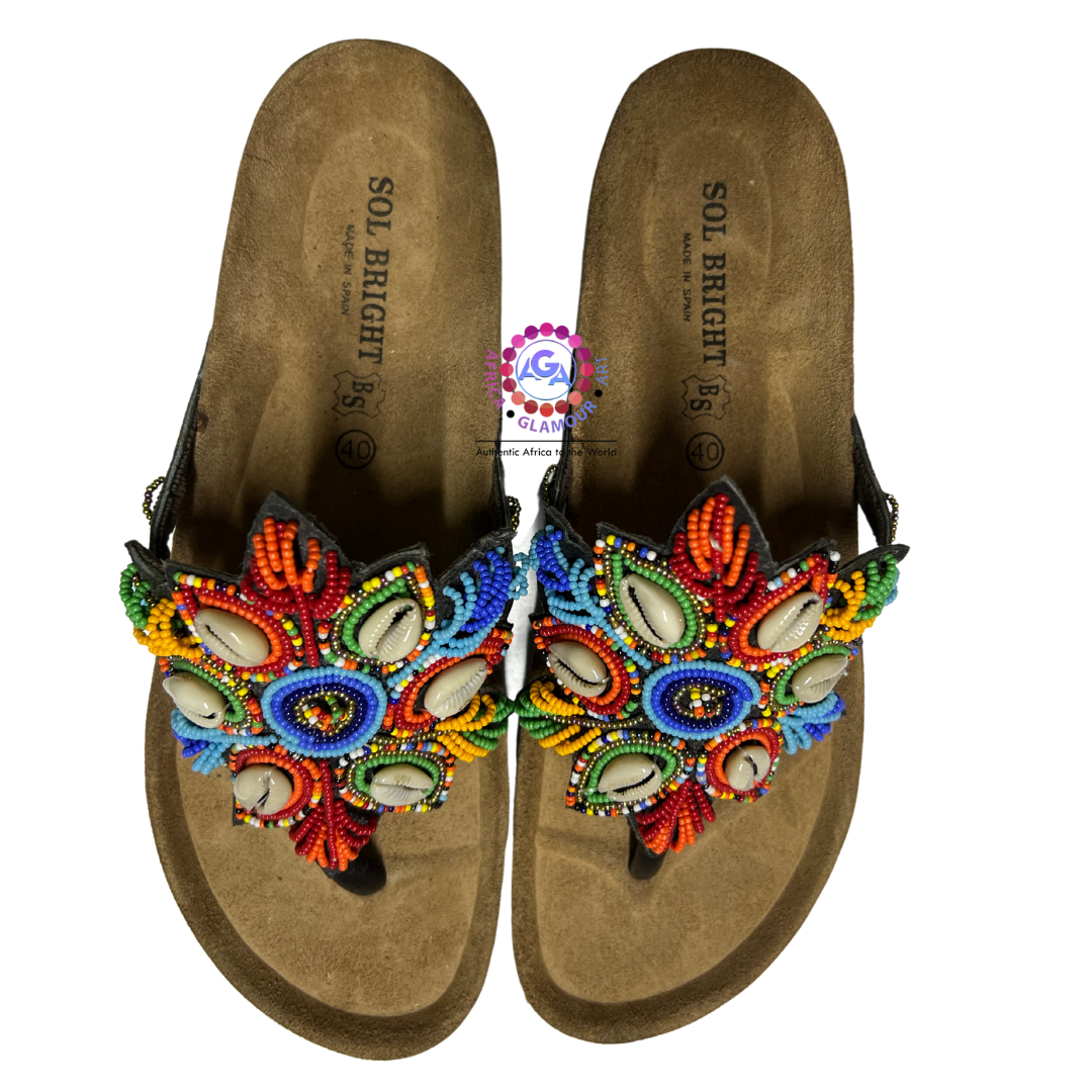 African Summer Pure Leather Beaded Cork Sandals(Zanza)