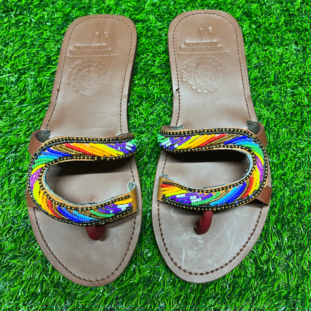 African Summer Pure Leather Beaded Brown Sandals