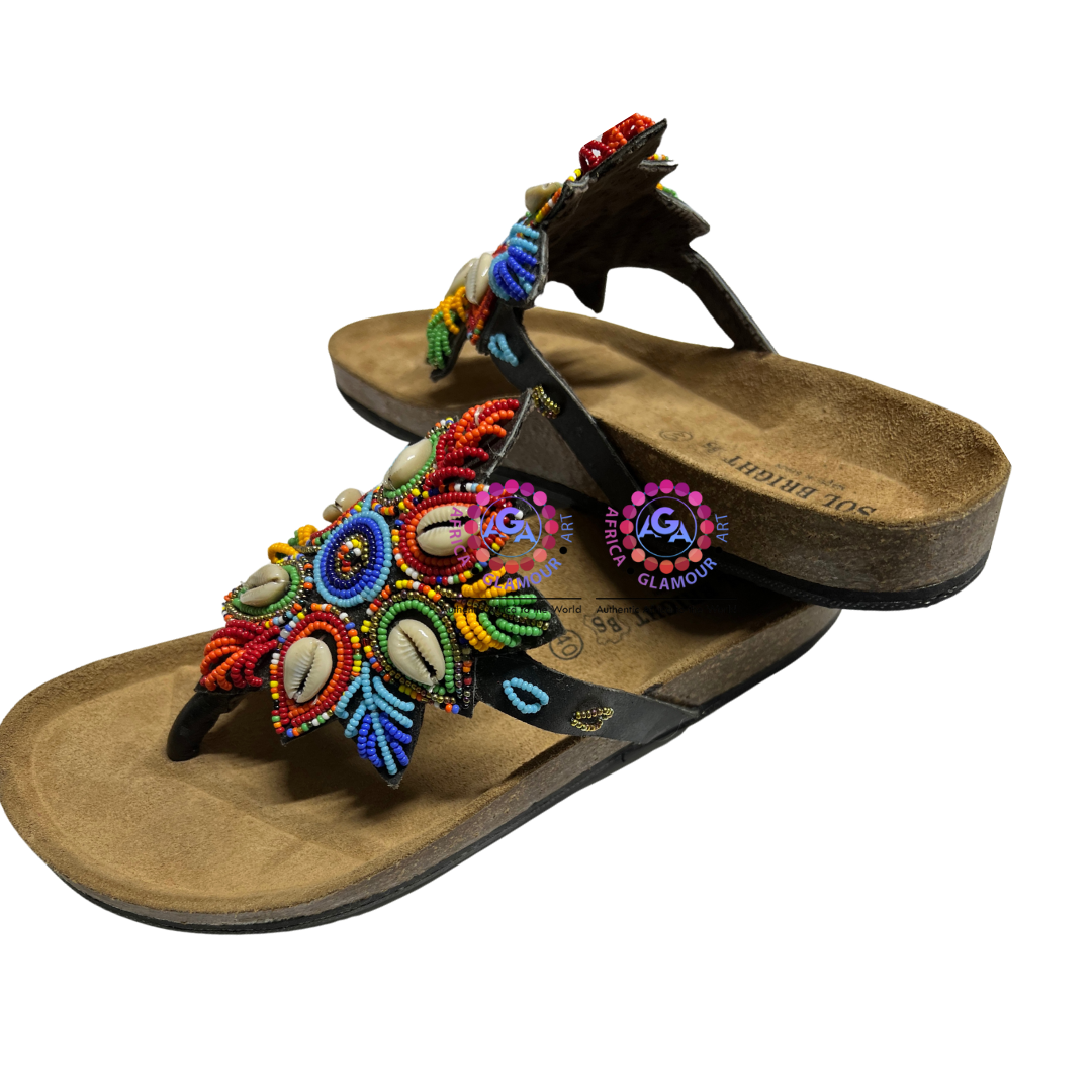 African Summer Pure Leather Beaded Cork Sandals(Zanza)