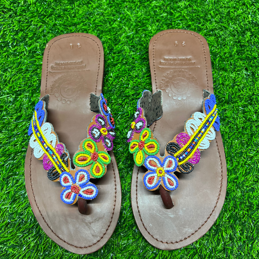 African Summer Pure Leather Beaded Brown Sandals