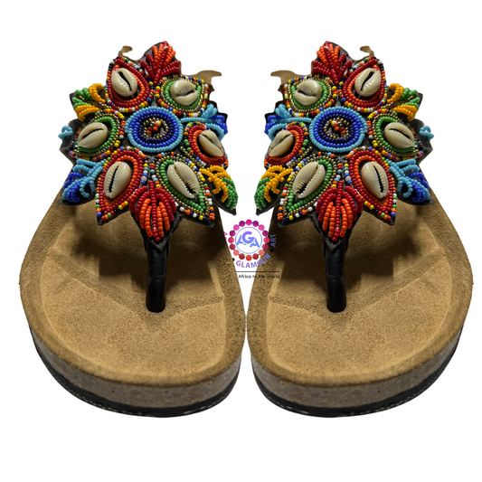 African Summer Pure Leather Beaded Cork Sandals(Zanza)