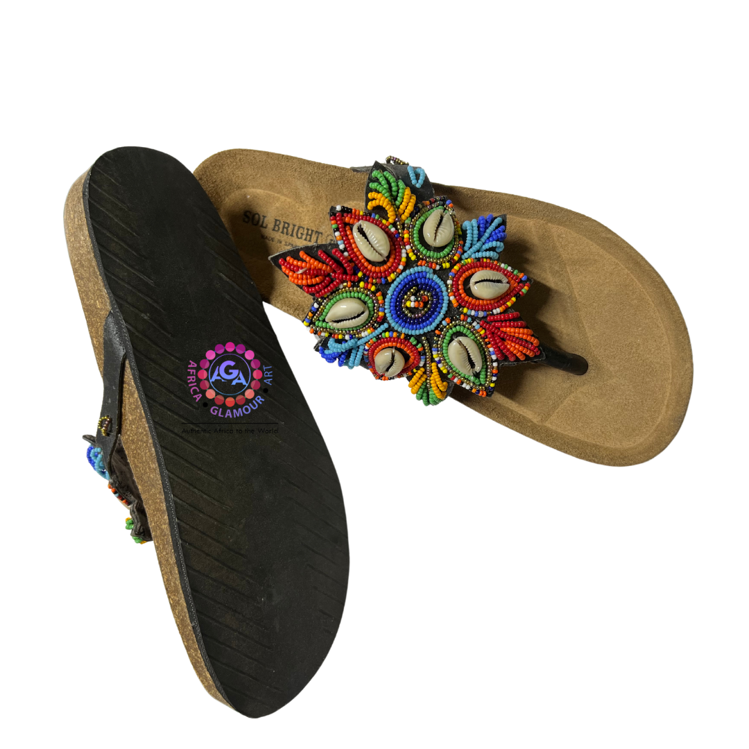 African Summer Pure Leather Beaded Cork Sandals(Zanza)