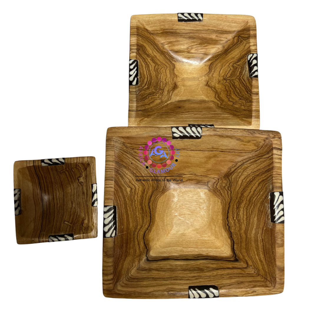 Wooden Square African-themed Serving Plate Set of Three