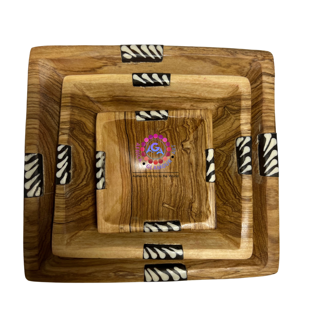 Wooden Square African-themed Serving Plate Set of Three