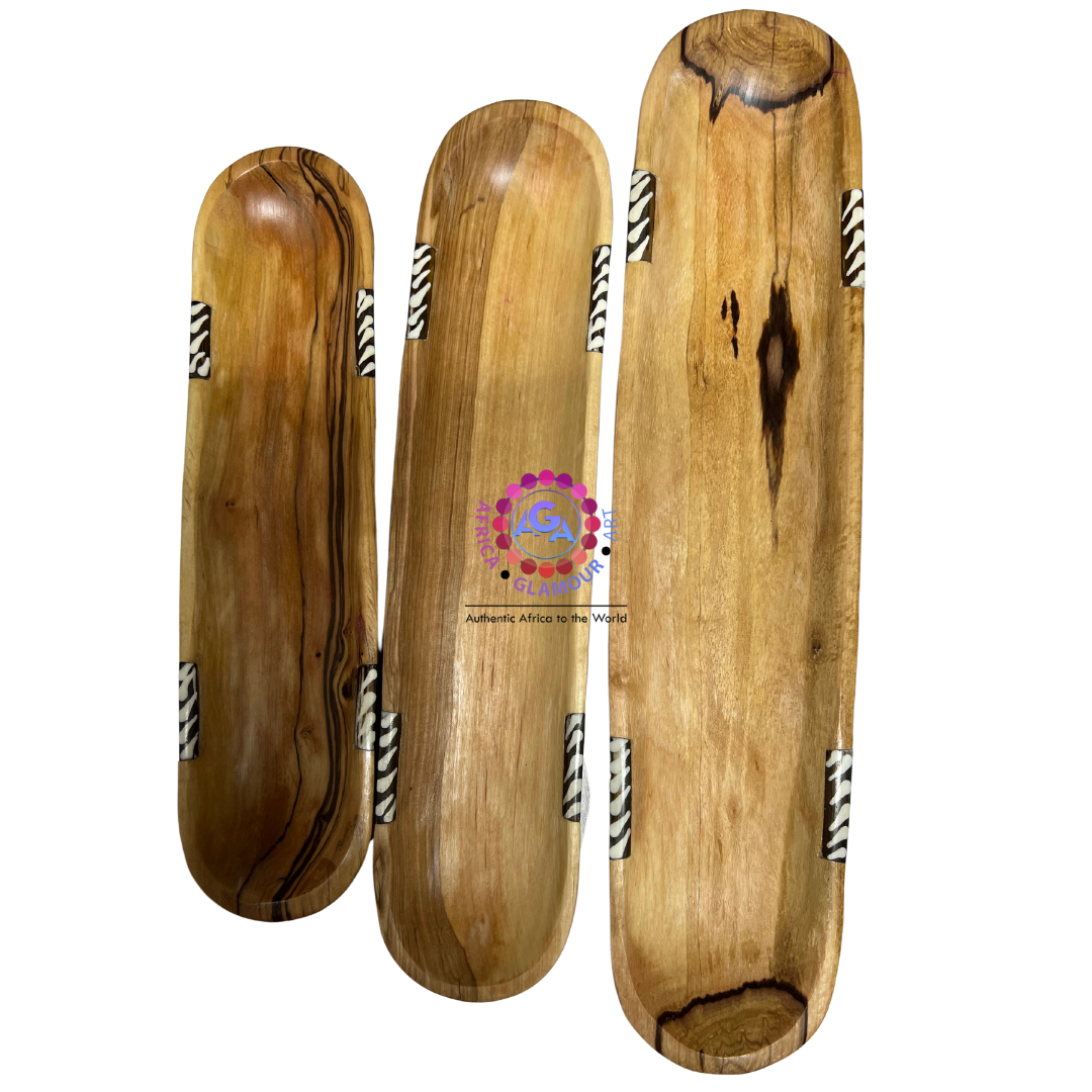 Wooden Thin Oval African-themed Serving Plate Set of Three