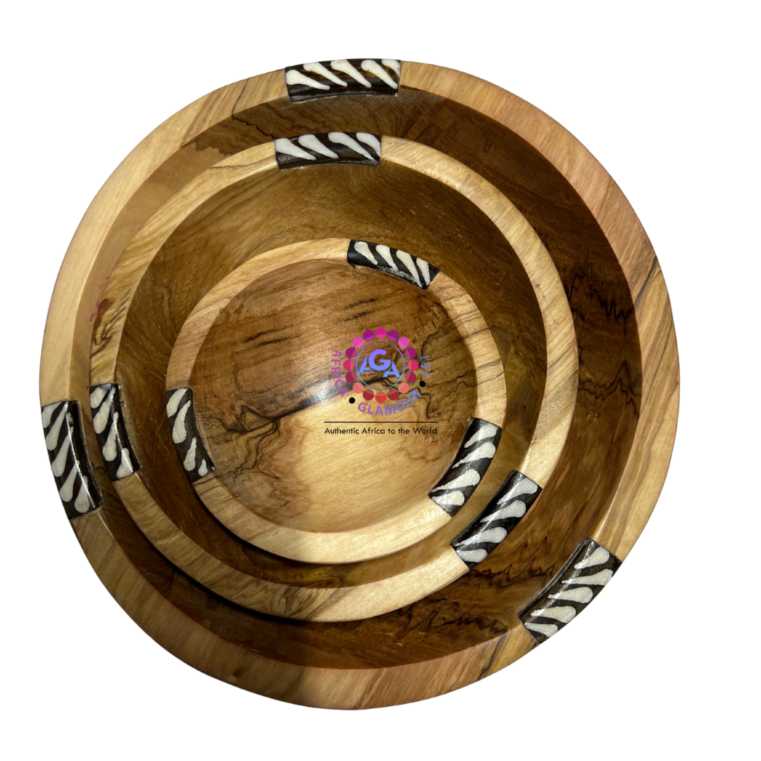 Wooden Round African-themed Serving Plate Set of Three