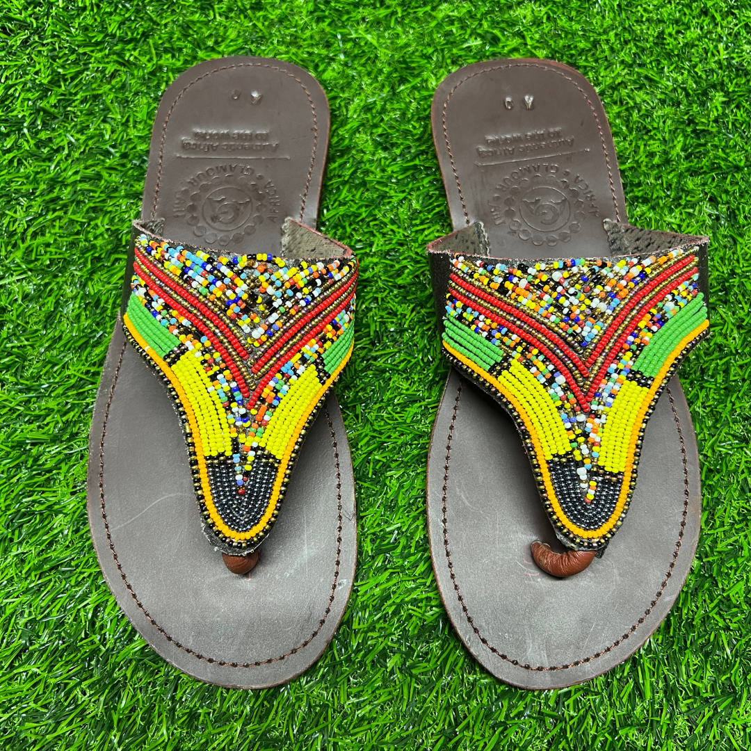 African Summer Dark-Brown Pure Leather Beaded Sandals(Zanzi)