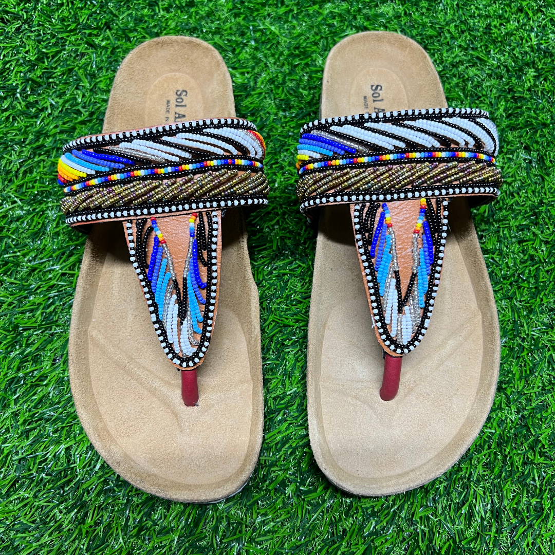 African Summer Pure Leather Beaded Cork Sandals(Zanza)