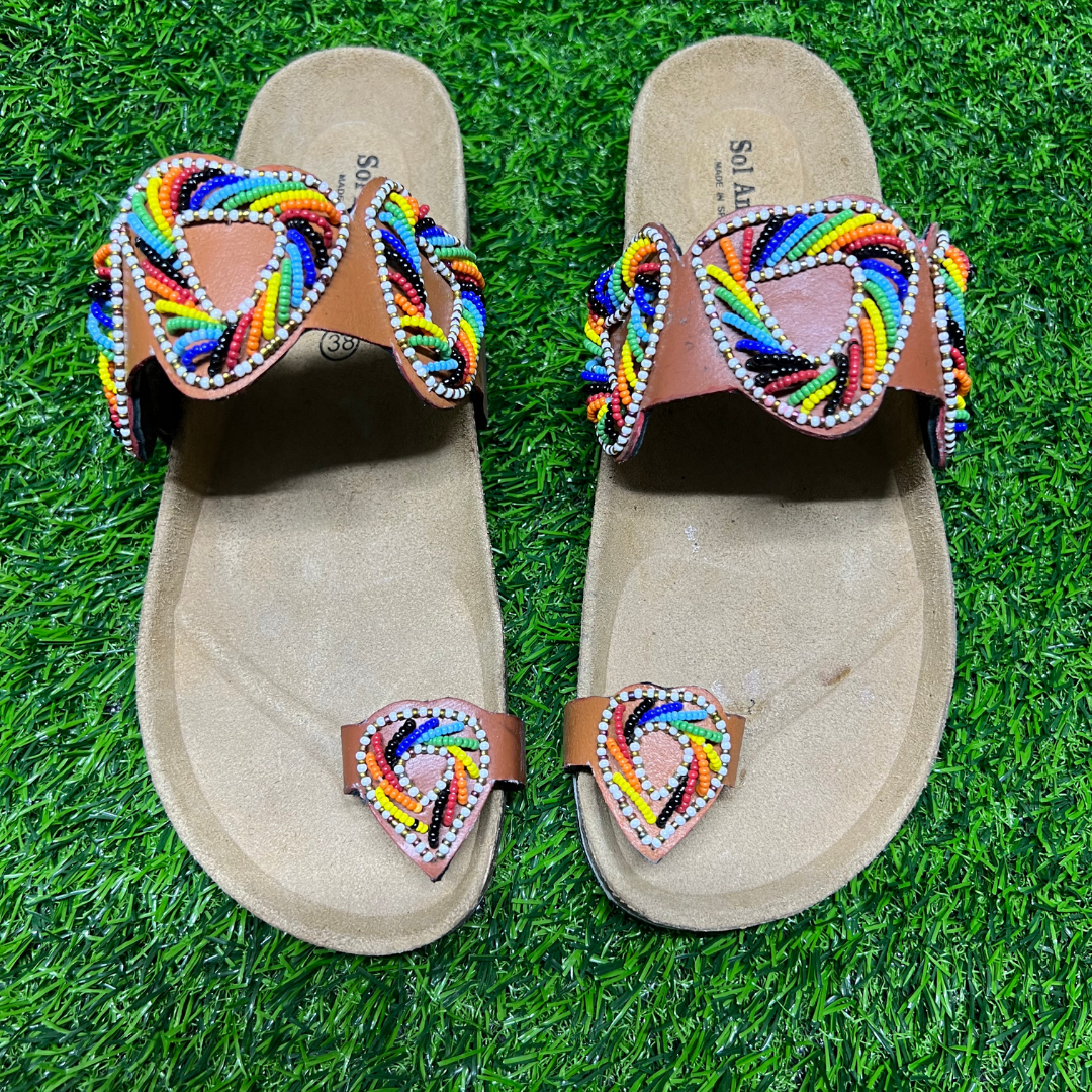 African Summer Pure Leather Beaded Cork Sandals(Zanza)