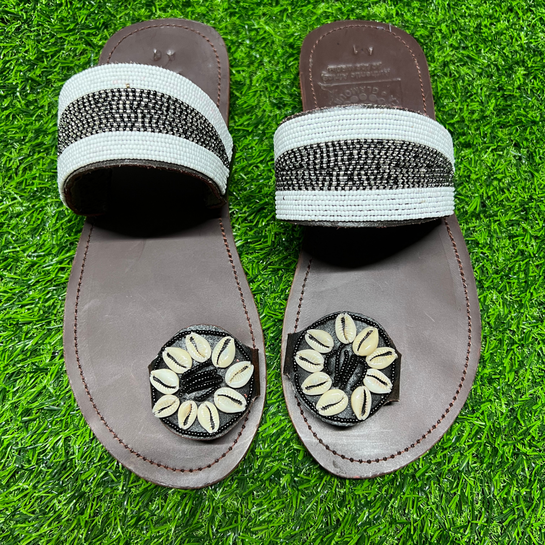 African Summer Dark-Brown Pure Leather Beaded Sandals(Zanzi)