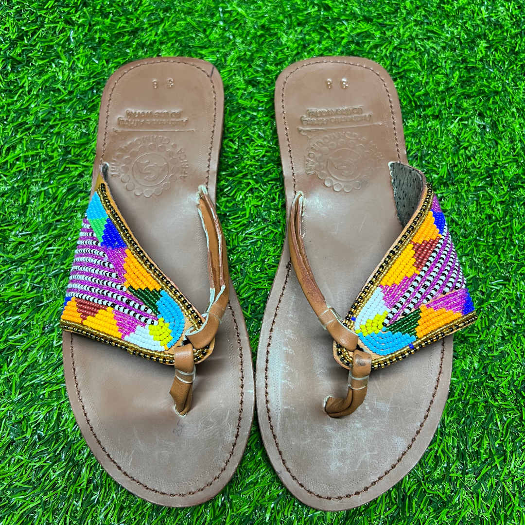 African Summer Pure Leather Beaded Brown Sandals