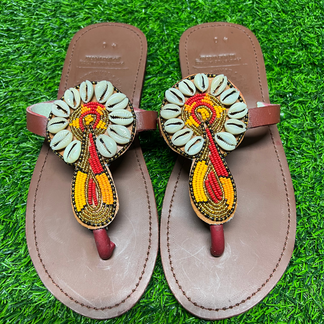 African Summer Pure Leather Beaded Brown Sandals