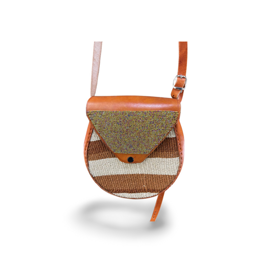 African Sisal-Leather Semi-round Sling Bag with Beadwork For Her(Nana)